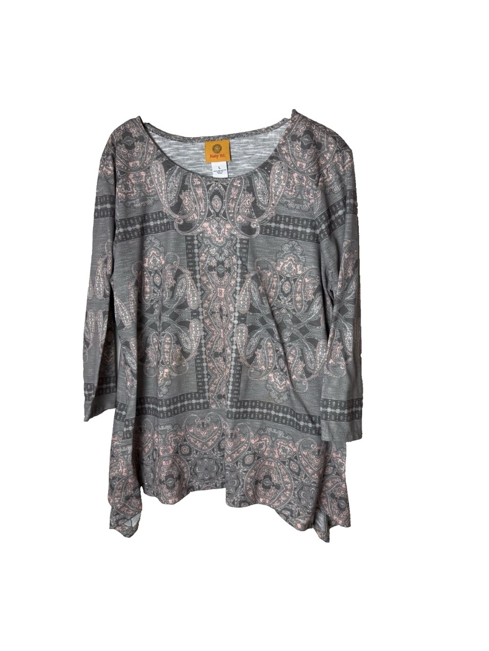 Ruby Rd Top Size Large 3/4 Sleeves Bling Front Paisley Taupe Brown Pink Casual